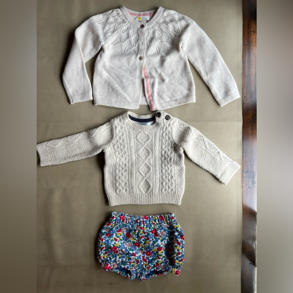 Set of two 18-24m sweaters (cardigan and pullover) and 9-12m cord bloomers VGUC